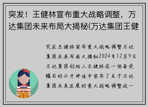 突发！王健林宣布重大战略调整，万达集团未来布局大揭秘(万达集团王健林占股)